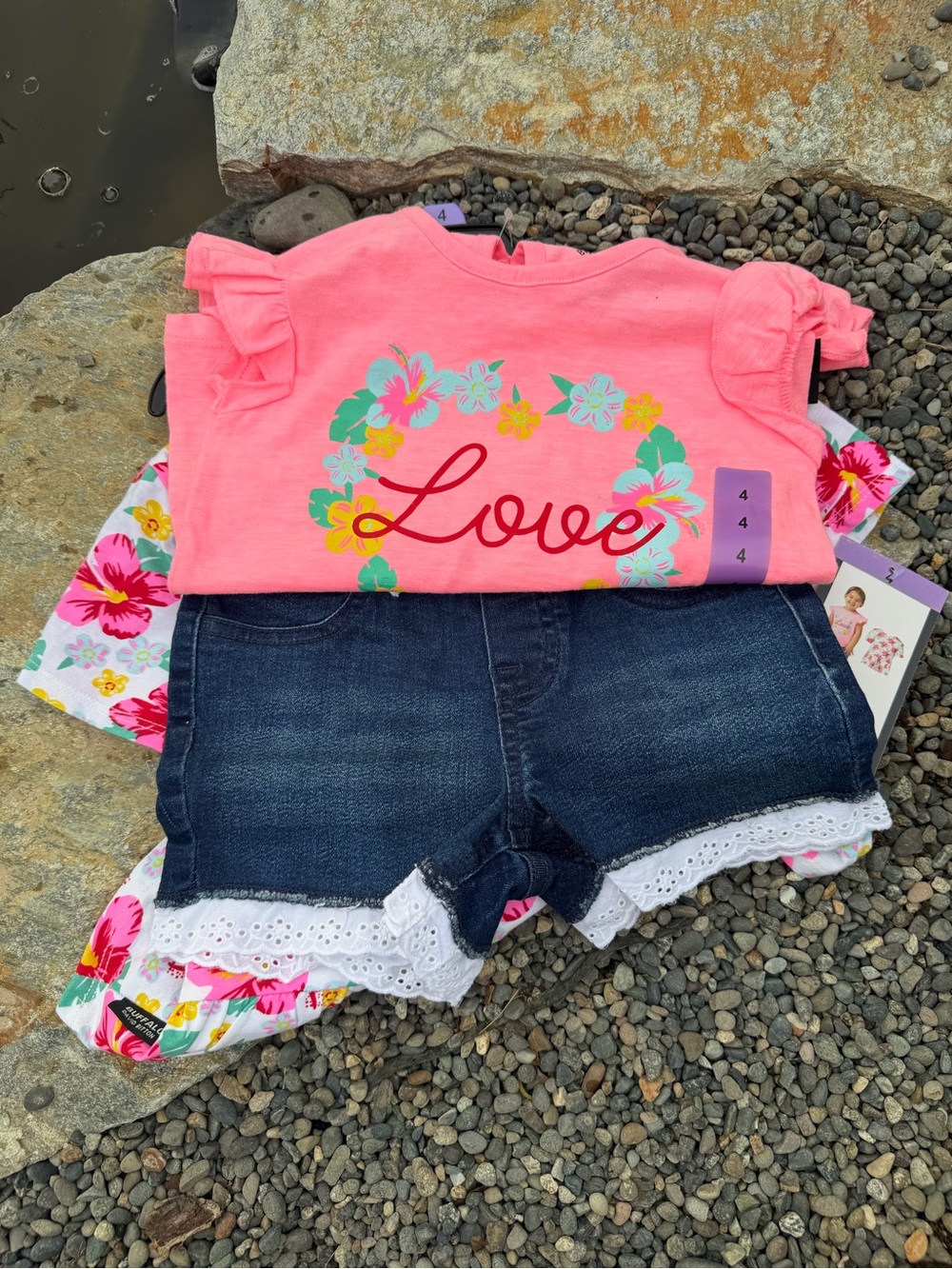 Buffalo David Bitton Girls Coral Pink 'Love' Top with Dark Denim Shorts
